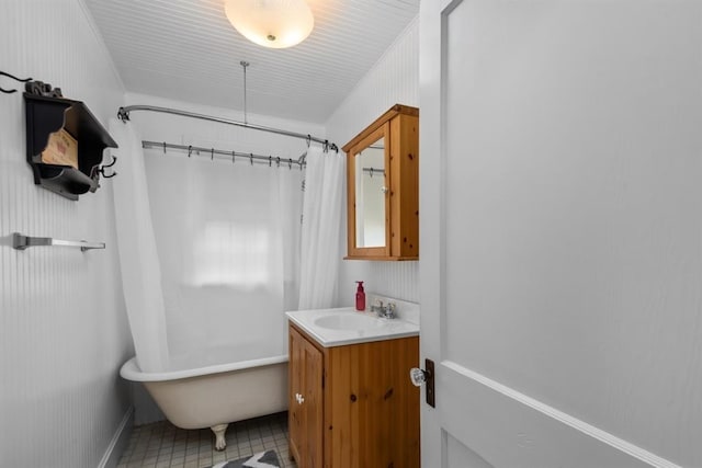 bathroom with vanity and shower / bathtub combination with curtain