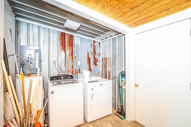 496 County Road 486, Broaddus, TX 75929 - washroom featuring washer and clothes dryer, light wood-type flooring, electric panel, and water heater