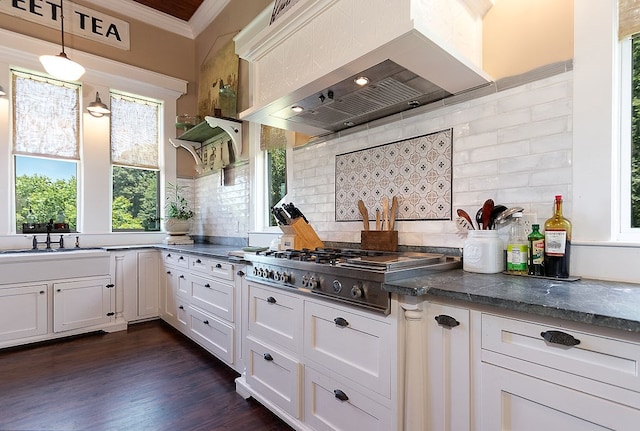 kitchen with hanging light fixtures, tasteful backsplash, ventilation hood, white cabinets, and ornamental molding