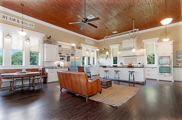 living room with crown molding, ceiling fan, wooden ceiling, and dark hardwood / wood-style floors