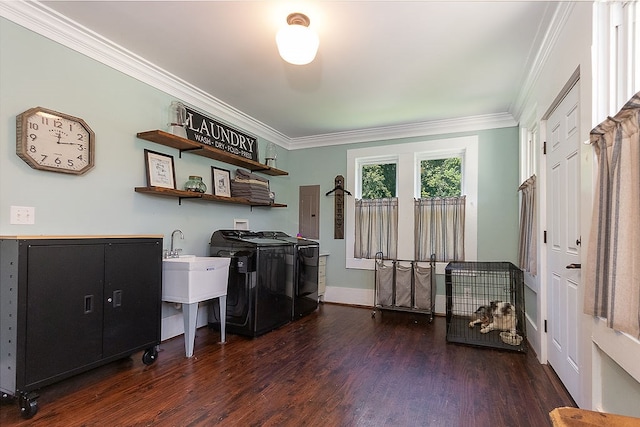 laundry room featuring crown molding, dark wood-type flooring, sink, independent washer and dryer, and electric panel