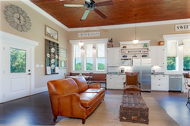 living room with crown molding, ceiling fan, wood ceiling, and dark hardwood / wood-style floors