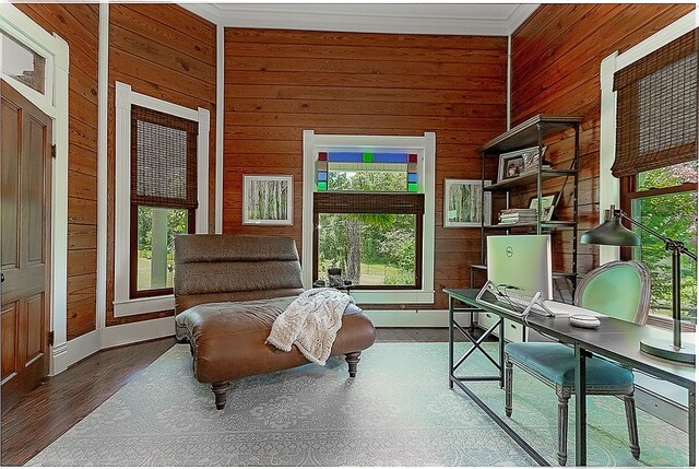 living area with a wealth of natural light, dark wood-type flooring, and wood walls