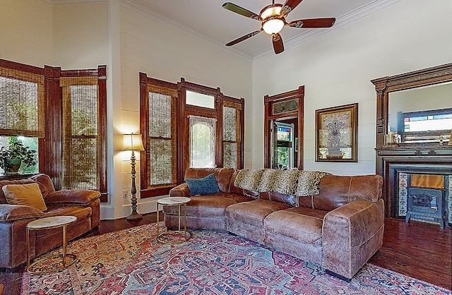 living room with dark hardwood / wood-style flooring, crown molding, ceiling fan, and a healthy amount of sunlight