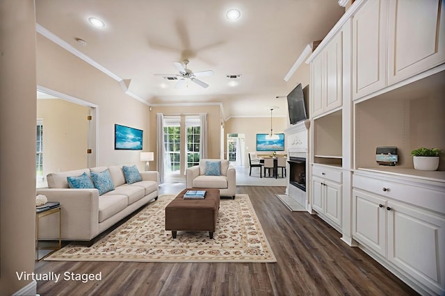 120 Shady Springs Bnd, Lufkin, TX 75901 - living room featuring ornamental molding, a ceiling fan, dark wood-type flooring, and recessed lighting