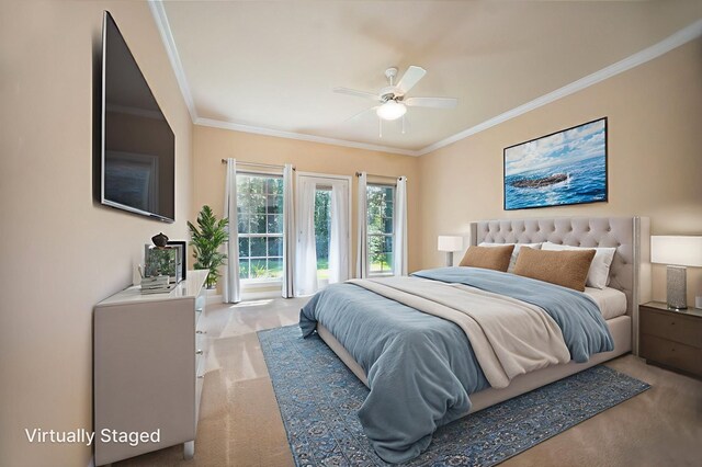 120 Shady Springs Bnd, Lufkin, TX 75901 - bedroom featuring crown molding, carpet floors, and a ceiling fan