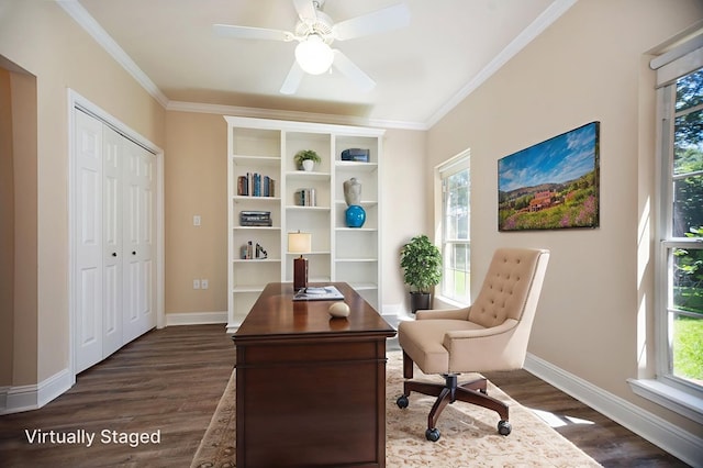 120 Shady Springs Bnd, Lufkin, TX 75901 - office space with dark wood-style flooring, crown molding, and ceiling fan