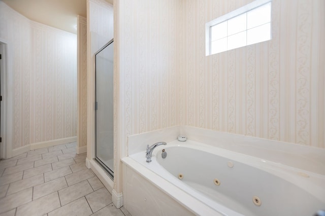 120 Shady Springs Bnd, Lufkin, TX 75901 - full bathroom with a jetted tub, a shower stall, tile patterned flooring, and wallpapered walls