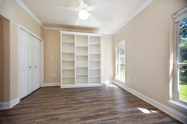 120 Shady Springs Bnd, Lufkin, TX 75901 - unfurnished bedroom featuring dark wood-style flooring, ornamental molding, and a ceiling fan