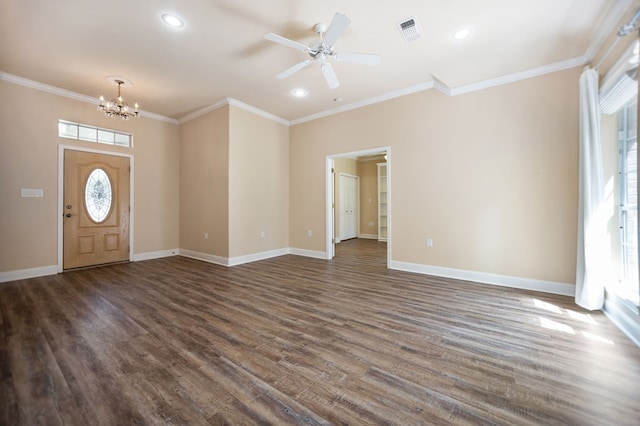 120 Shady Springs Bnd, Lufkin, TX 75901 - entryway featuring dark wood-type flooring, a chandelier, crown molding, recessed lighting, and ceiling fan