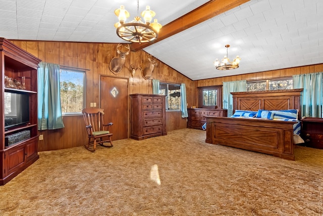 carpeted bedroom featuring an inviting chandelier, wood walls, and vaulted ceiling with beams