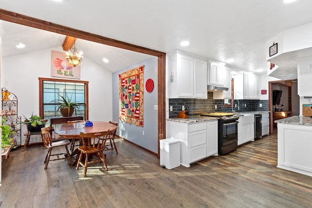 kitchen featuring white cabinets, dark hardwood / wood-style floors, black appliances, and vaulted ceiling with beams