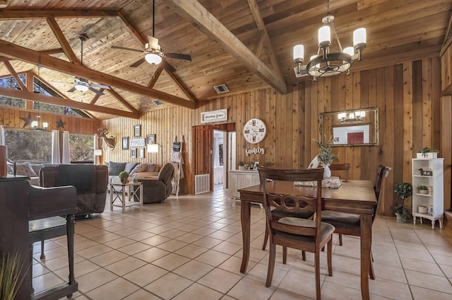 dining area featuring light tile patterned flooring, visible vents, wood walls, beam ceiling, and wooden ceiling