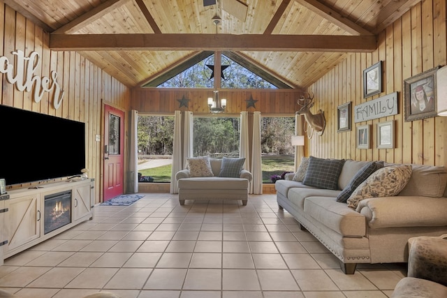 living area featuring light tile patterned flooring, beamed ceiling, wood walls, and wood ceiling