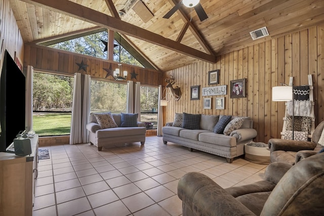 living area featuring high vaulted ceiling, visible vents, wood walls, tile patterned floors, and a ceiling fan