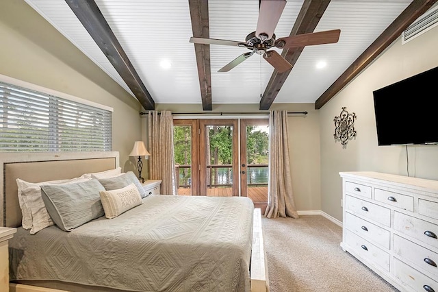671 Lakeshore Dr, Brookeland, TX 75931 - bedroom featuring light colored carpet, beamed ceiling, and a ceiling fan