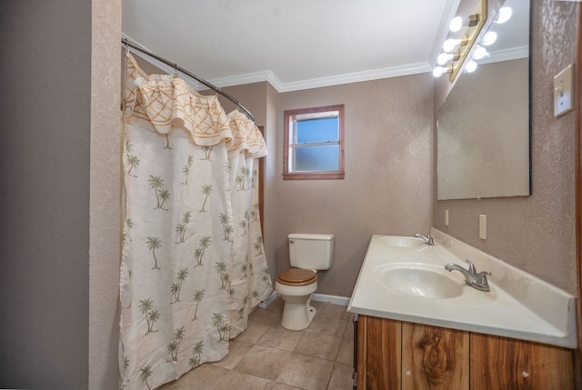 bathroom with a shower with curtain, tile patterned flooring, crown molding, toilet, and vanity