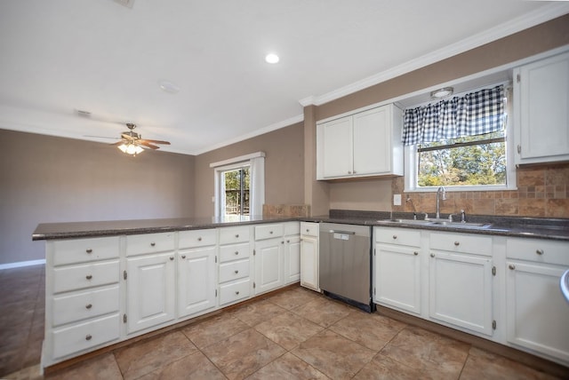 kitchen featuring white cabinetry, dishwasher, ceiling fan, sink, and kitchen peninsula