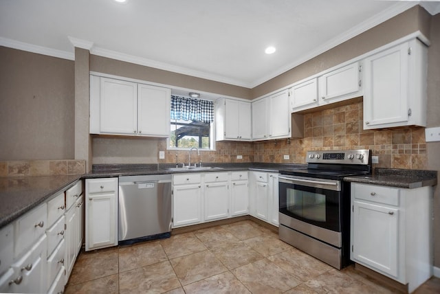 kitchen with white cabinetry, sink, crown molding, and appliances with stainless steel finishes