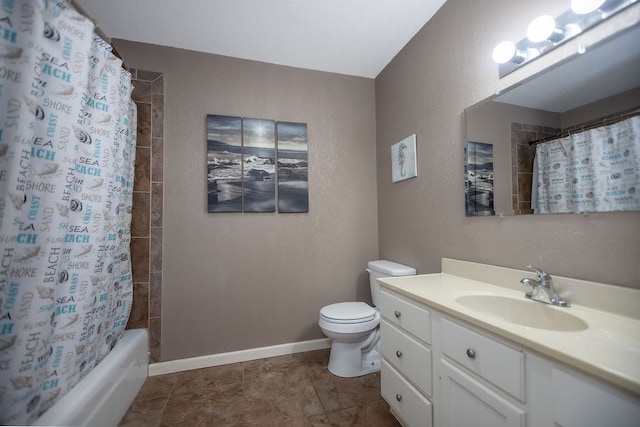 full bathroom with tile patterned flooring, vanity, shower / tub combo with curtain, and toilet