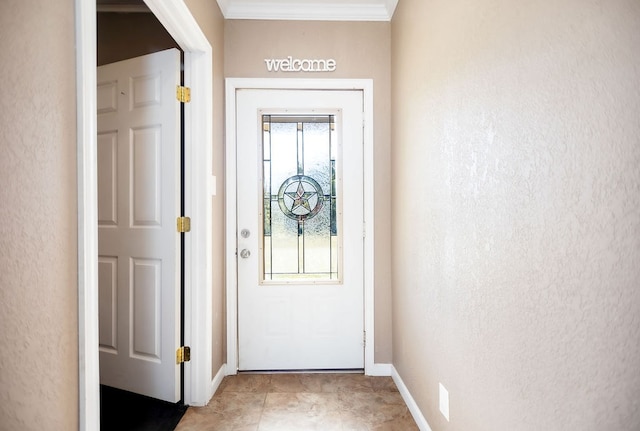 doorway to outside featuring plenty of natural light and ornamental molding