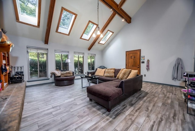 310 Karen Dr, Lufkin, TX 75904 - living area with high vaulted ceiling, wood finished floors, beamed ceiling, and a skylight