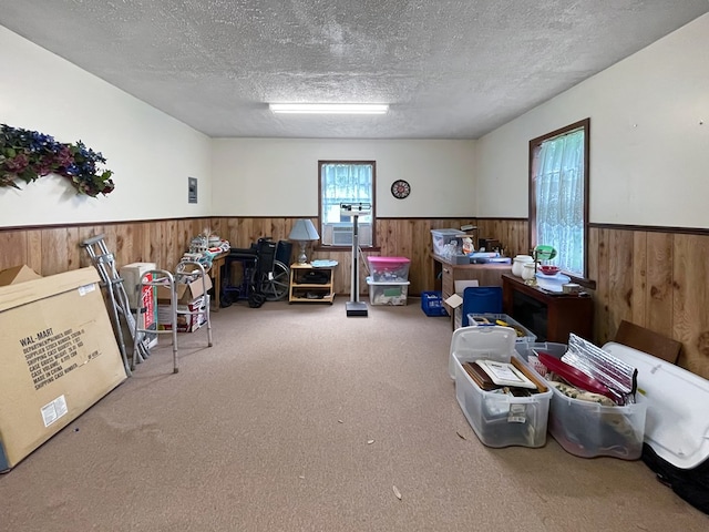 33963 US Highway 96, Buna, TX 77612 - miscellaneous room featuring cooling unit, a textured ceiling, a wainscoted wall, carpet flooring, and wooden walls