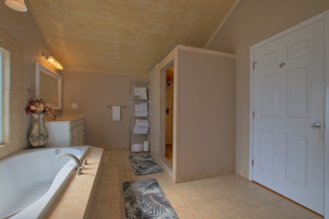 bathroom featuring tile patterned floors, wood ceiling, vanity, separate shower and tub, and crown molding