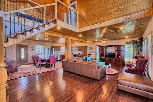 living room featuring wooden ceiling, dark hardwood / wood-style floors, high vaulted ceiling, and a healthy amount of sunlight