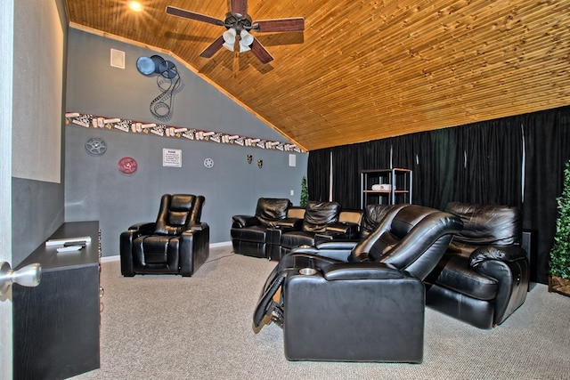 cinema featuring lofted ceiling, ceiling fan, wooden ceiling, and carpet floors