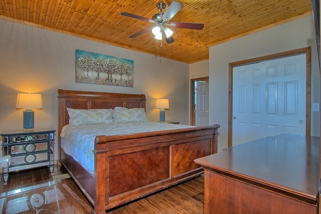 bedroom featuring ceiling fan, dark hardwood / wood-style floors, and wood ceiling