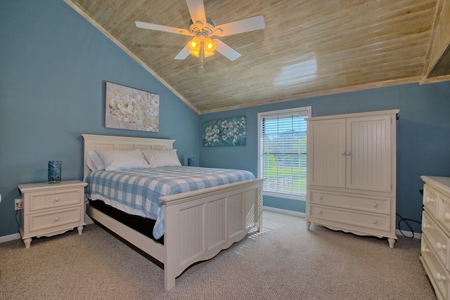 bedroom featuring ceiling fan, wood ceiling, crown molding, and lofted ceiling