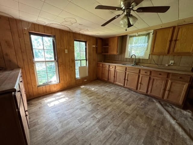 kitchen with wood walls, sink, ceiling fan, and wood-type flooring