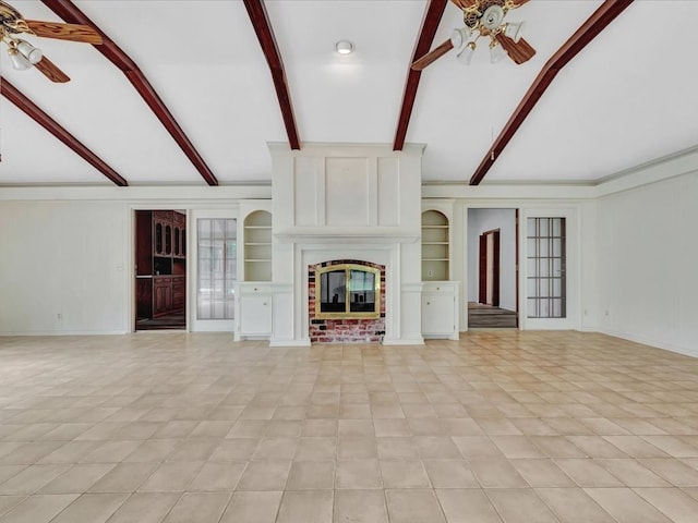 200 Platt Rd, Lufkin, TX 75904 - unfurnished living room featuring ceiling fan, a brick fireplace, and built in shelves