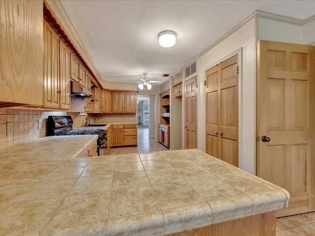 kitchen with range with gas stovetop, decorative backsplash, a sink, under cabinet range hood, and a ceiling fan