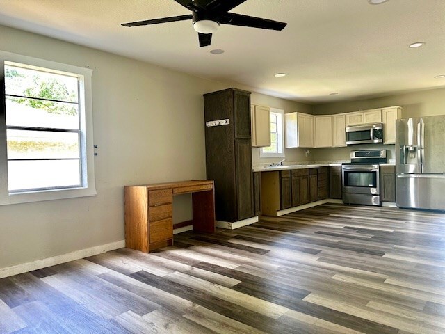 308 Pine, Diboll, TX 75941 - kitchen with ceiling fan, wood finished floors, a healthy amount of sunlight, and stainless steel appliances