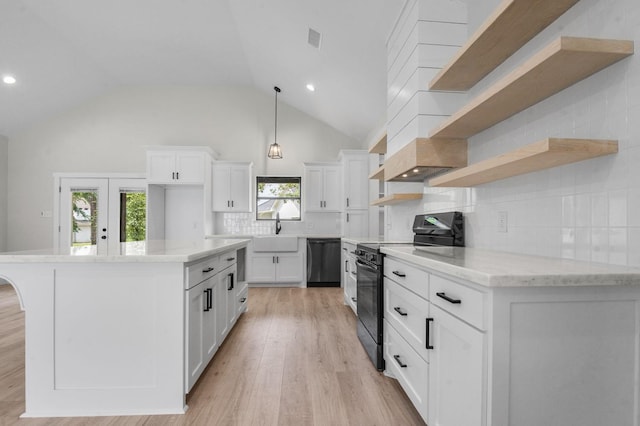 kitchen featuring light wood-type flooring, dishwasher, white cabinets, black range with electric stovetop, and hanging light fixtures