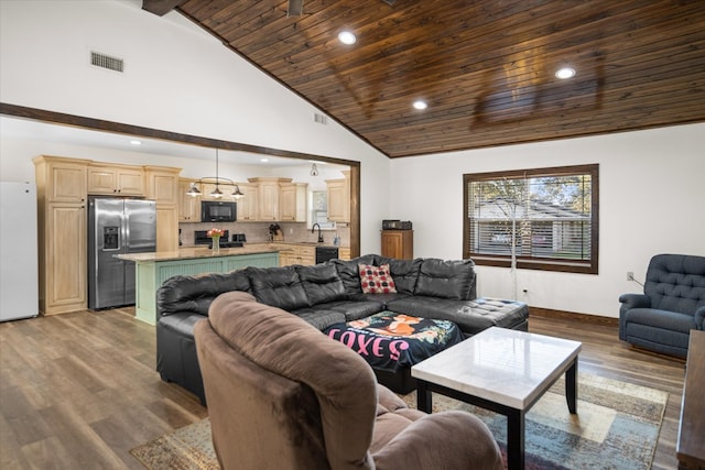 living room featuring wood ceiling, sink, high vaulted ceiling, and wood-type flooring