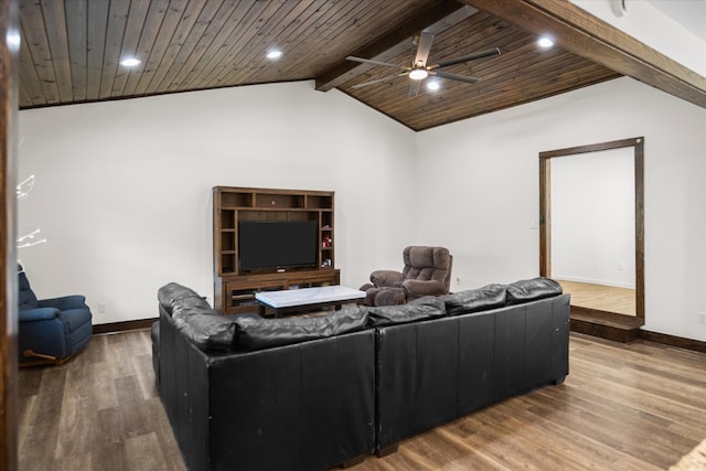 living room featuring vaulted ceiling with beams, ceiling fan, wooden ceiling, and hardwood / wood-style flooring