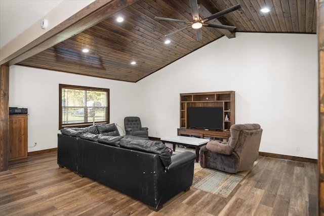 living room featuring vaulted ceiling with beams, ceiling fan, dark hardwood / wood-style flooring, and wood ceiling