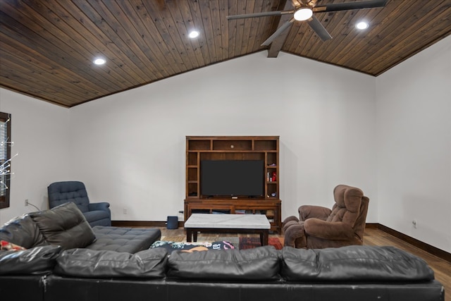 living room with ceiling fan, wooden ceiling, lofted ceiling with beams, and hardwood / wood-style flooring