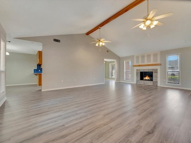 unfurnished living room featuring ceiling fan, beam ceiling, visible vents, and light wood-style floors