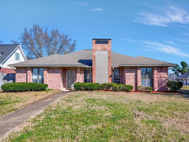 single story home featuring brick siding, a chimney, a front lawn, and roof with shingles