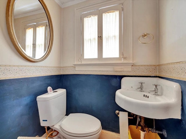 bathroom with french doors, toilet, ornamental molding, and sink