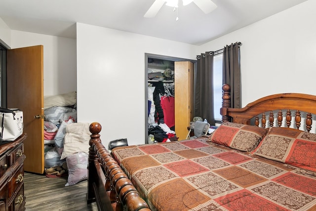 bedroom featuring ceiling fan, a closet, and dark wood finished floors