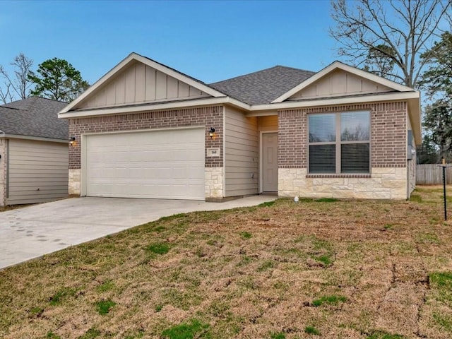 ranch-style house with driveway, board and batten siding, an attached garage, and a front yard