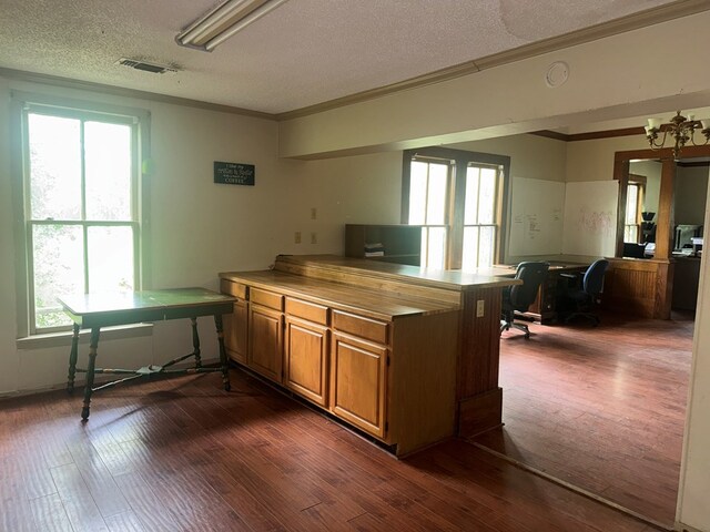 805 Worth St, Hemphill, TX 75948 - kitchen featuring dark wood-type flooring, a wealth of natural light, and a peninsula