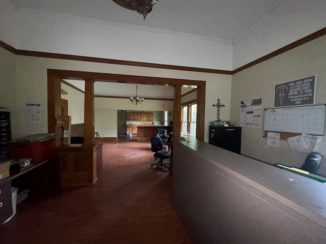 805 Worth St, Hemphill, TX 75948 - corridor with a notable chandelier, dark carpet, and ornamental molding