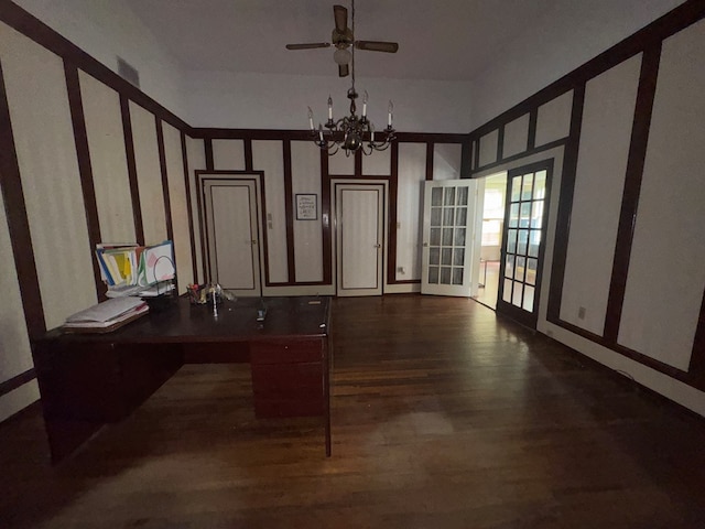 805 Worth St, Hemphill, TX 75948 - office with a decorative wall, wood finished floors, and ceiling fan with notable chandelier