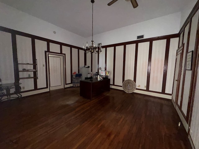 805 Worth St, Hemphill, TX 75948 - office space featuring visible vents, ceiling fan with notable chandelier, and dark wood-style floors